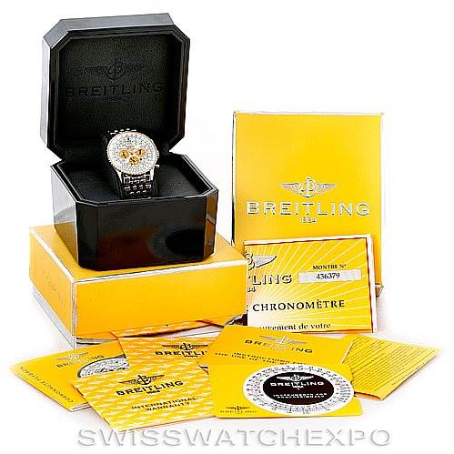 The image shows a Breitling Navitimer D22322 Men's Stainless Steel Silver Dial D22322 Men's Stainless Steel Silver Dial watch in its box, with accompanying manuals and documents in the background.