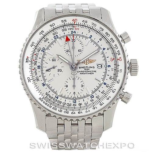 This image shows a front angle of a Breitling Navitimer A24322 Men's Stainless Steel White Dial A24322 Men's Stainless Steel White Dial watch, depicting its face, bezel, and part of its metal bracelet.