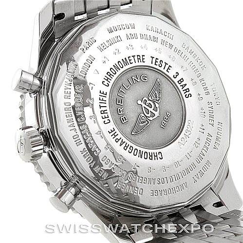 This image shows the back case of a Breitling Navitimer A24322 Men's Stainless Steel White Dial A24322 Men's Stainless Steel White Dial watch, including the engraved details and side buttons.