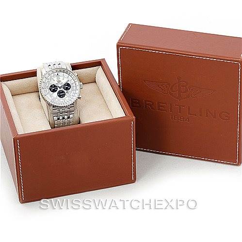 The image shows a Breitling Navitimer A41322 Men
s Stainless Steel Silver Dial A41322 Men
s Stainless Steel Silver Dial watch in an open view from above, placed in a presentation box with another Breitling box beside it.