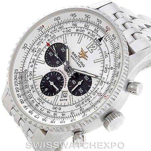 The image shows a Breitling Navitimer A41322 Men
s Stainless Steel Silver Dial A41322 Men
s Stainless Steel Silver Dial watch at an angled view, highlighting the face, bezel, and part of the metallic band.
