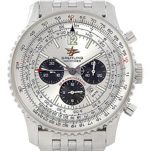 This image shows a Breitling Navitimer watch from a front angle, highlighting its dial, bezel, chronograph subdials, and bracelet.