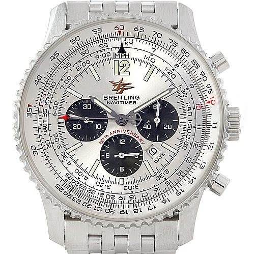 This image shows a Breitling Navitimer A41322 Men
s Stainless Steel Silver Dial A41322 Men
s Stainless Steel Silver Dial watch from a front angle, highlighting its dial, bezel, chronograph subdials, and bracelet.