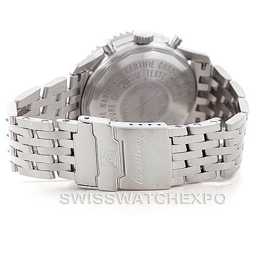 The image shows the backside and clasp of a Breitling Navitimer A41322 Men
s Stainless Steel Silver Dial A41322 Men
s Stainless Steel Silver Dial watch, highlighting the bracelet and engraved Breitling logo.