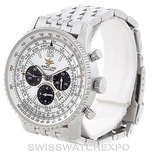 The image shows a Breitling Navitimer A41322 Men
s Stainless Steel Silver Dial A41322 Men
s Stainless Steel Silver Dial watch from a front-left angled view, highlighting the dial, bezel, pushers, and metal bracelet.
