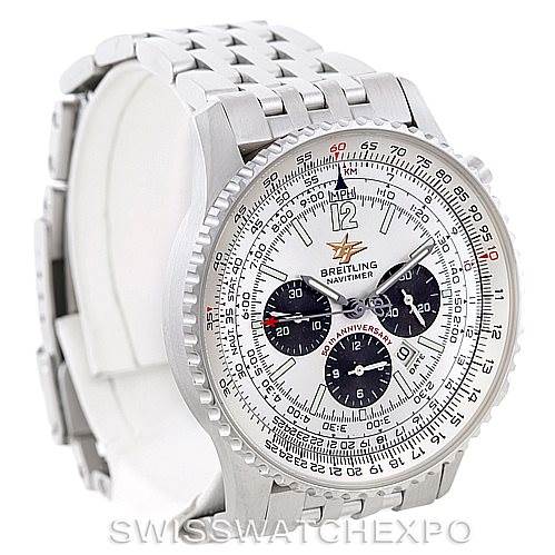 The image shows a front angle view of the Breitling Navitimer A41322 Men
s Stainless Steel Silver Dial A41322 Men
s Stainless Steel Silver Dial watch, clearly displaying the watch face and a portion of the bracelet.