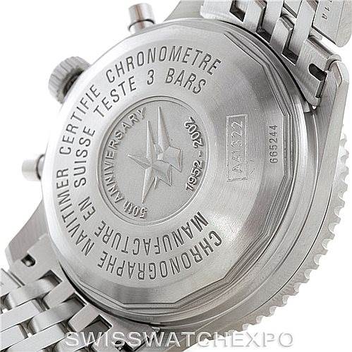 The image shows the back case and bracelet of a Breitling Navitimer A41322 Men
s Stainless Steel Silver Dial A41322 Men
s Stainless Steel Silver Dial watch, highlighting the engravings and metal bracings.