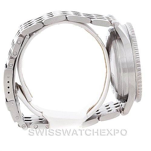 The image shows a side view of the Breitling Navitimer A41322 Men
s Stainless Steel Silver Dial A41322 Men
s Stainless Steel Silver Dial watch, focusing on the bracelet and the thickness of the case.