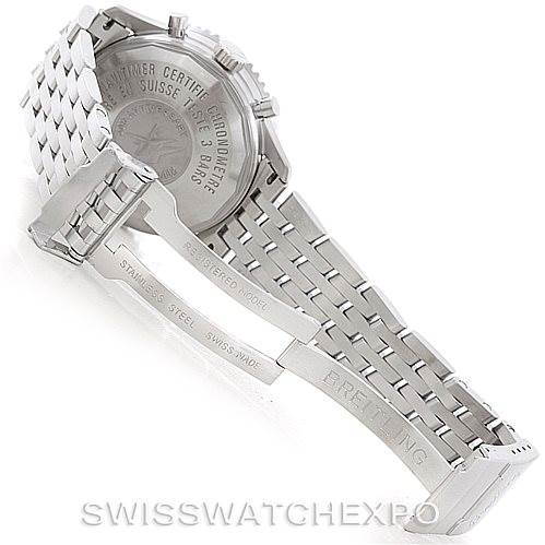 The image shows the back and metal bracelet of the Breitling Navitimer A41322 Men
s Stainless Steel Silver Dial A41322 Men
s Stainless Steel Silver Dial watch, highlighting the clasp and inscriptions.