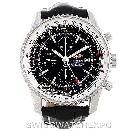The image shows a front view of a Breitling Navitimer A24322 Men
s Stainless Steel Black Dial A24322 Men
s Stainless Steel Black Dial watch, displaying the face, bezel, and part of the leather strap.