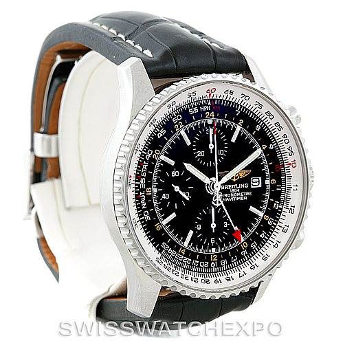 The image shows a side front angle of a Breitling Navitimer A24322 Men
s Stainless Steel Black Dial A24322 Men
s Stainless Steel Black Dial watch, highlighting its dial, bezel, and leather strap.