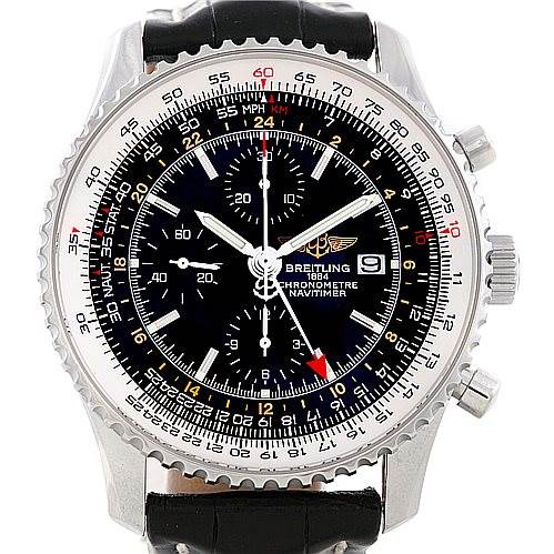 The image shows a frontal view of a Breitling Navitimer A24322 Men
s Stainless Steel Black Dial A24322 Men
s Stainless Steel Black Dial watch, displaying the face, bezel, crown, pushers, and part of the strap.