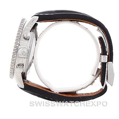 This side view shows the case, crown, pushers, and strap of a Breitling Navitimer A24322 Men
s Stainless Steel Black Dial A24322 Men
s Stainless Steel Black Dial watch.