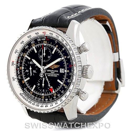 The image shows a Breitling Navitimer A24322 Men
s Stainless Steel Black Dial A24322 Men
s Stainless Steel Black Dial watch at a slight angle from the right side, highlighting the dial, bezel, crown, and leather strap.