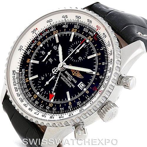 The image shows a close-up angled view of a Breitling Navitimer A24322 Men
s Stainless Steel Black Dial A24322 Men
s Stainless Steel Black Dial watch, highlighting its dial, bezel, and side pushers with a leather strap.