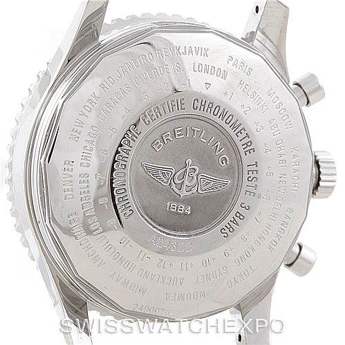 The image shows the case back of a Breitling Navitimer A24322 Men
s Stainless Steel Black Dial A24322 Men
s Stainless Steel Black Dial watch, displaying various engravings and logos.