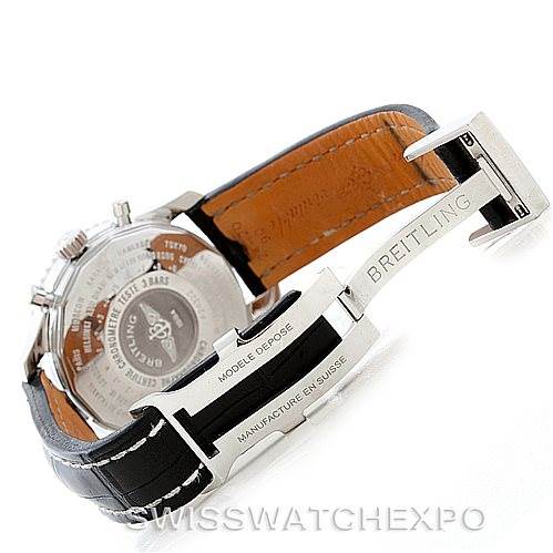 The image shows the back and clasp of a Breitling Navitimer A24322 Men
s Stainless Steel Black Dial A24322 Men
s Stainless Steel Black Dial watch, highlighting the leather strap and engraved details on the clasp.