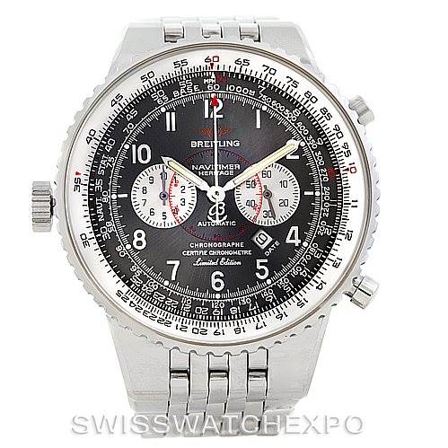 This image shows a frontal view of the Breitling Navitimer A35360 Men's Stainless Steel Grey Dial A35360 Men's Stainless Steel Grey Dial watch model, displaying its dial and stainless steel bracelet.