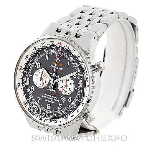 The image shows a Breitling Navitimer A35360 Men's Stainless Steel Grey Dial A35360 Men's Stainless Steel Grey Dial watch at a slight angle highlighting the dial, bezel, pushers, and bracelet.