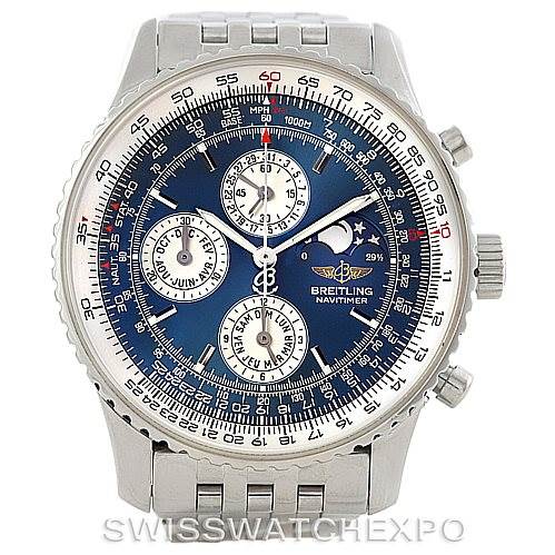 The image shows the front view of a Breitling Navitimer A19340 Men's Stainless Steel Blue Dial A19340 Men's Stainless Steel Blue Dial watch, highlighting its dial, chronograph subdials, and stainless steel bracelet.