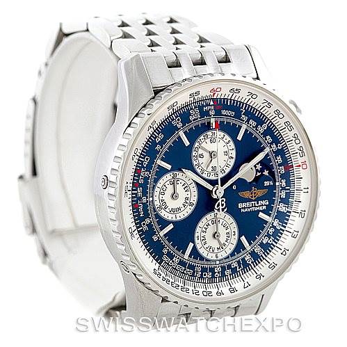 The image shows a Breitling Navitimer A19340 Men's Stainless Steel Blue Dial A19340 Men's Stainless Steel Blue Dial watch at a three-quarter angle, highlighting its blue dial, chronograph subdials, and stainless steel bracelet.