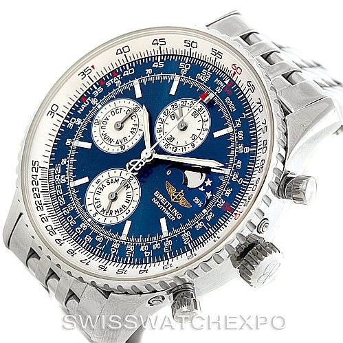This image shows a Breitling Navitimer A19340 Men's Stainless Steel Blue Dial A19340 Men's Stainless Steel Blue Dial watch from an angled perspective, highlighting the bezel, dial, three subdials, and the stainless steel bracelet.