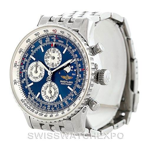 The Breitling Navitimer A19340 Men's Stainless Steel Blue Dial A19340 Men's Stainless Steel Blue Dial watch is shown at a three-quarter angle, displaying its blue dial, chronograph subdials, and bracelet.