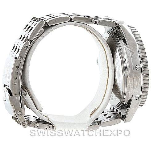 The image shows a side view of a Breitling Navitimer A19340 Men's Stainless Steel Blue Dial A19340 Men's Stainless Steel Blue Dial watch, highlighting the bracelet and the ridged edge of the case.