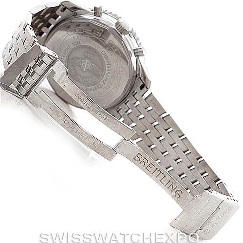 This image shows the back and clasp of a Breitling Navitimer A19340 Men's Stainless Steel Blue Dial A19340 Men's Stainless Steel Blue Dial watch, emphasizing the metal bracelet and engraved logos.