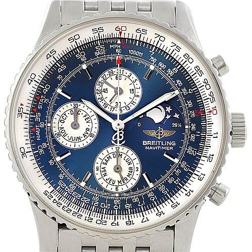 The image shows a front view of a Breitling Navitimer A19340 Men's Stainless Steel Blue Dial A19340 Men's Stainless Steel Blue Dial watch, featuring a blue dial, chronograph functions, and a metal bracelet.