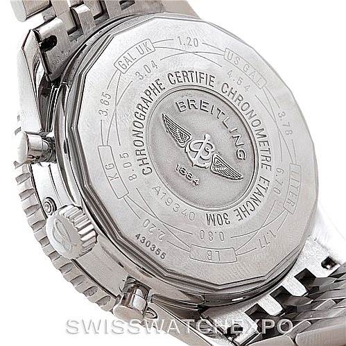 The image shows the back case and bracelet of a Breitling Navitimer A19340 Men's Stainless Steel Blue Dial A19340 Men's Stainless Steel Blue Dial watch, highlighting the engravings and the brand logo.