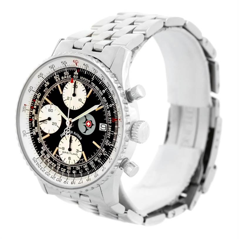 The image shows a Breitling Navitimer A13022 Men
s Stainless Steel Black Dial A13022 Men
s Stainless Steel Black Dial watch at a three-quarter angle, highlighting its face, bezel, pushers, and metal bracelet.