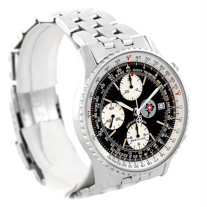 The image shows a Breitling Navitimer A13022 Men
s Stainless Steel Black Dial A13022 Men
s Stainless Steel Black Dial watch at a three-quarter angle, displaying the face, bezel, and part of the metal bracelet.