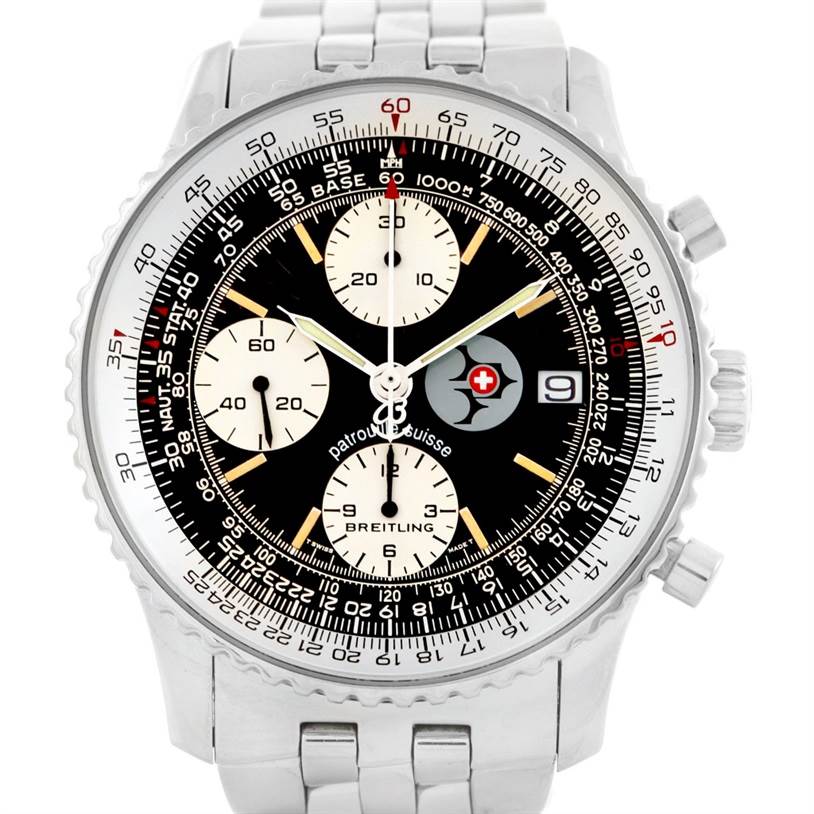 The image shows a front view of the Breitling Navitimer A13022 Men
s Stainless Steel Black Dial A13022 Men
s Stainless Steel Black Dial, highlighting its dial, subdials, bezel, and bracelet.