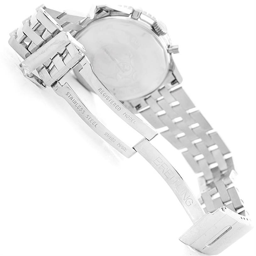 This image shows the back view of the Breitling Navitimer A13022 Men
s Stainless Steel Black Dial A13022 Men
s Stainless Steel Black Dial with an open stainless steel bracelet and clasp.