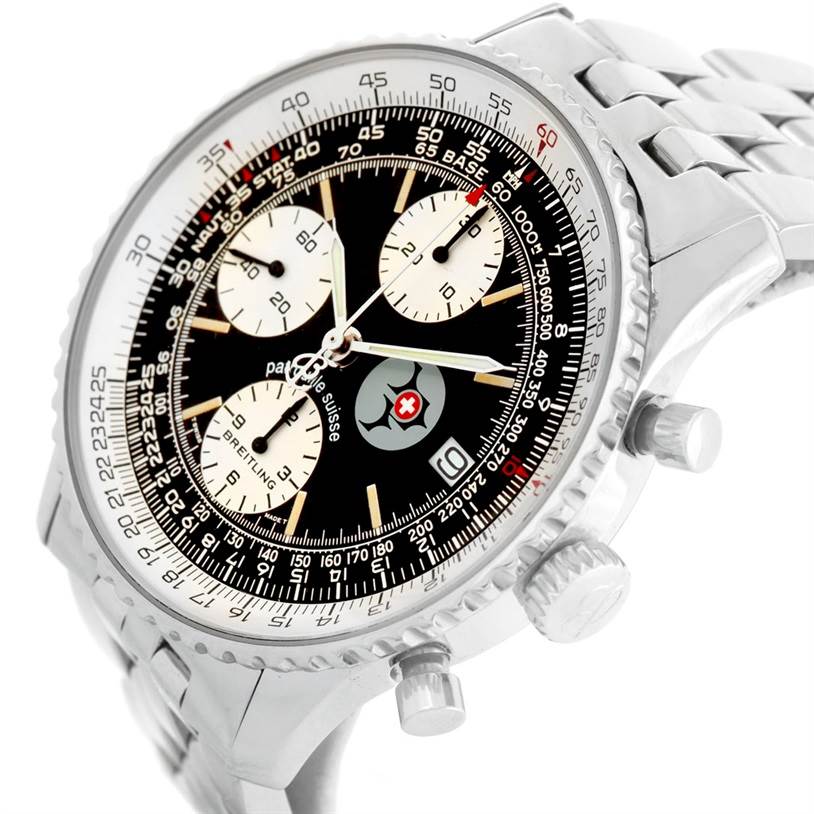 The image shows a close-up angle of a Breitling Navitimer A13022 Men
s Stainless Steel Black Dial A13022 Men
s Stainless Steel Black Dial watch, highlighting its face, bezel, chronograph subdials, and metal bracelet.