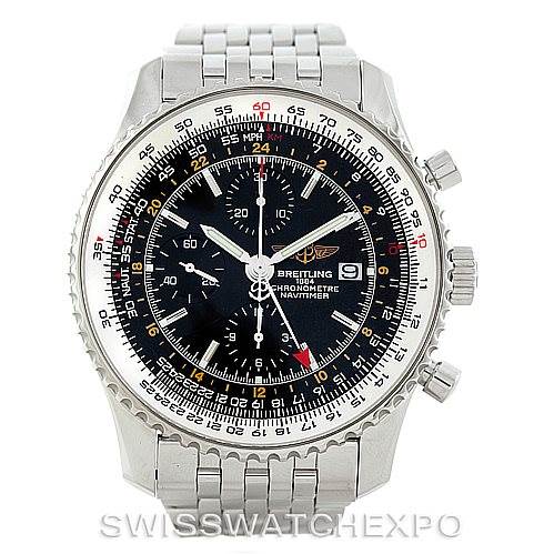 The image shows a front view of a Breitling Navitimer A24322 Men's Stainless Steel Black Dial A24322 Men's Stainless Steel Black Dial watch, displaying its face, bezel, and a stainless steel bracelet.