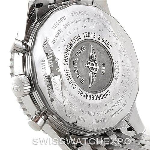The image shows a close-up of the back side of the Breitling Navitimer A24322 Men's Stainless Steel Black Dial A24322 Men's Stainless Steel Black Dial watch, featuring brand engravings and specifications.