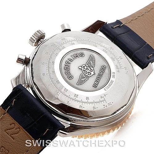 The image shows the back case of a Breitling Navitimer D13022 Men's Stainless Steel Blue Dial D13022 Men's Stainless Steel Blue Dial watch, highlighting its engraved logo, pushers, crown, and leather strap.