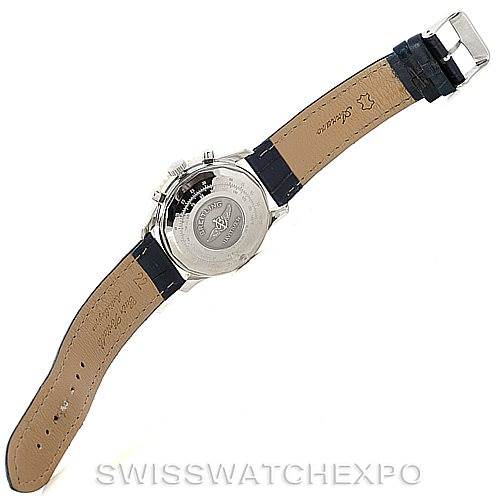 This image shows the backside of a Breitling Navitimer D13022 Men's Stainless Steel Blue Dial D13022 Men's Stainless Steel Blue Dial watch, focusing on the leather strap and the case back.