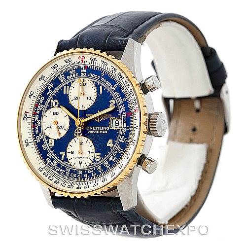 The Breitling Navitimer D13022 Men's Stainless Steel Blue Dial D13022 Men's Stainless Steel Blue Dial watch is shown at an angled front view, displaying its blue dial, gold bezel, crown, pushers, and black leather strap.