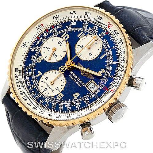 The image shows a close-up angle of the Breitling Navitimer D13022 Men's Stainless Steel Blue Dial D13022 Men's Stainless Steel Blue Dial watch, highlighting the face, bezel, and side buttons.