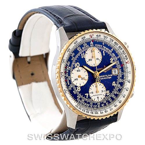 This Breitling Navitimer D13022 Men's Stainless Steel Blue Dial D13022 Men's Stainless Steel Blue Dial watch is shown at an angled side view, displaying the face, bezel, and part of the strap.