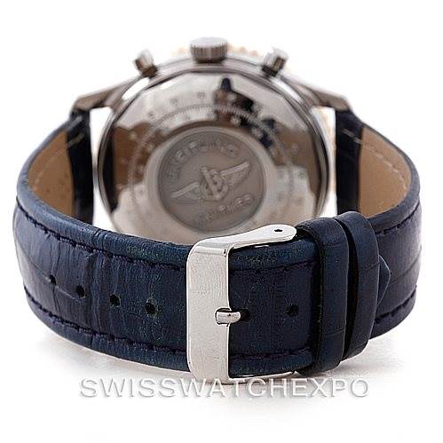 The image shows the backside and strap of a Breitling Navitimer D13022 Men's Stainless Steel Blue Dial D13022 Men's Stainless Steel Blue Dial watch, focusing on the case back and the clasp of the blue leather strap.