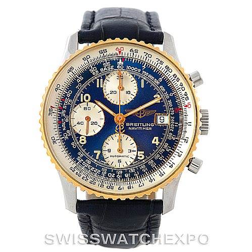 This image shows the front view of a Breitling Navitimer D13022 Men's Stainless Steel Blue Dial D13022 Men's Stainless Steel Blue Dial watch, highlighting its blue dial, gold bezel, and leather strap.