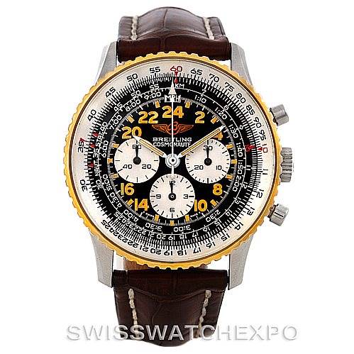 The image shows a front view of a Breitling Navitimer 81600 Men
s Stainless Steel Black Dial 81600 Men
s Stainless Steel Black Dial Cosmonaute watch, displaying the dial, bezel, and leather strap.