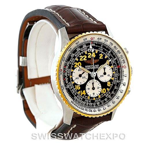 The image shows a Breitling Navitimer 81600 Men
s Stainless Steel Black Dial 81600 Men
s Stainless Steel Black Dial watch at a three-quarter angle, displaying its face, bezel, and brown leather strap.