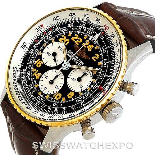 The image shows a Breitling Navitimer 81600 Men
s Stainless Steel Black Dial 81600 Men
s Stainless Steel Black Dial watch at an angle displaying the watch face, chronograph subdials, bezel, and part of the leather strap.