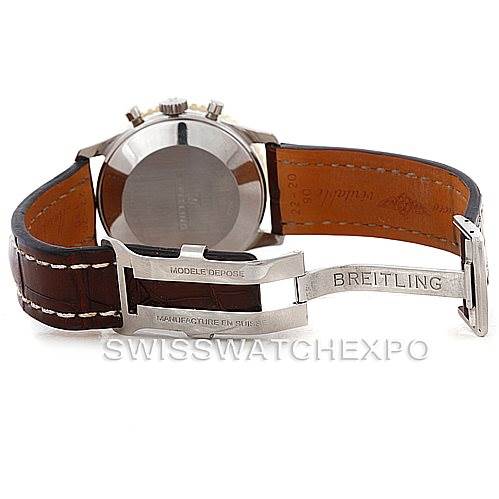 The image shows the back view of a Breitling Navitimer 81600 Men
s Stainless Steel Black Dial 81600 Men
s Stainless Steel Black Dial watch, including the case back and the open leather strap with the clasp.