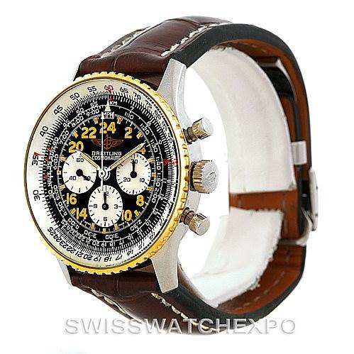 The image shows a Breitling Navitimer 81600 Men
s Stainless Steel Black Dial 81600 Men
s Stainless Steel Black Dial watch from a front-angle view, highlighting the watch face, bezel, crown, and leather strap.